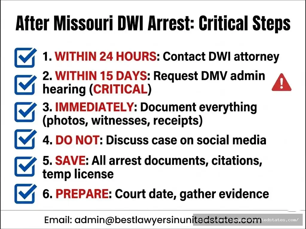 Missouri DWI arrest checklist critical steps after arrest, 15-day deadline, what to do immediately 2026