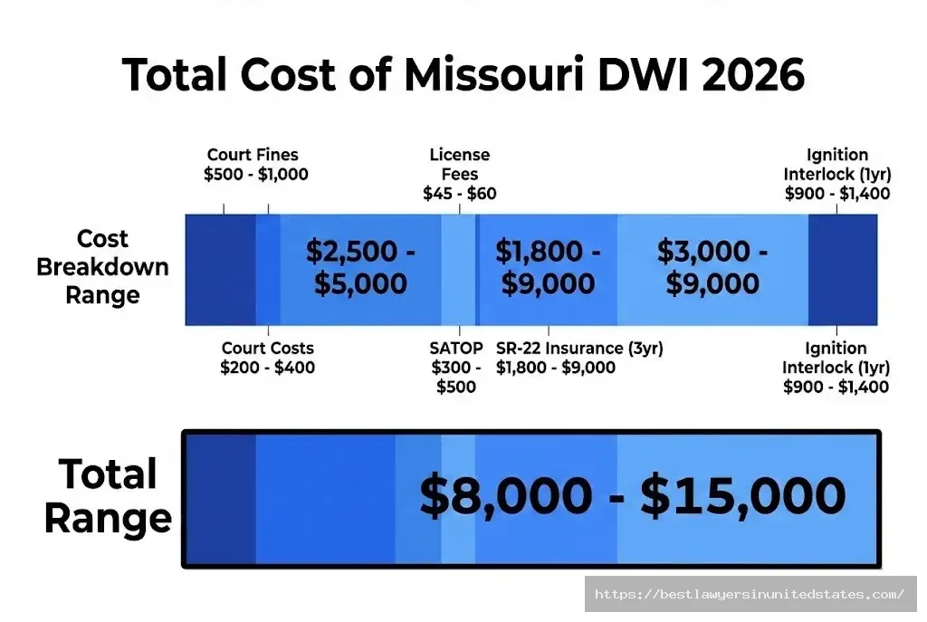 Missouri DWI cost breakdown 2026 total expenses $8,000-$15,000 including fines, attorney, SATOP, insurance