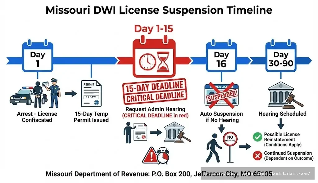 Missouri DWI license suspension timeline 15-day hearing deadline, administrative process, critical dates 2026