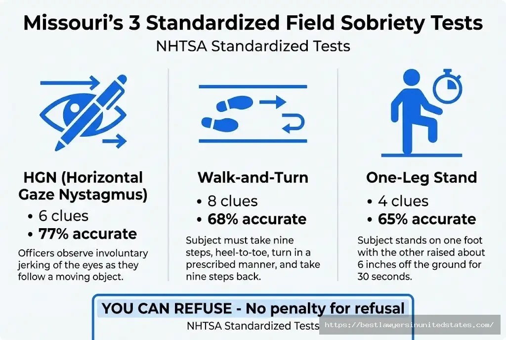 Missouri field sobriety tests HGN, Walk-and-Turn, One-Leg Stand NHTSA standardized tests, accuracy rates