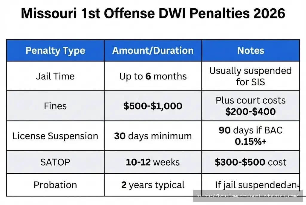 Missouri first offense DWI penalties 2026 jail time, fines, suspension, SATOP requirements breakdown