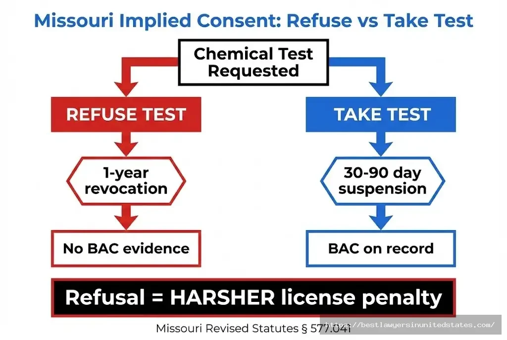 Missouri implied consent law chemical test refusal vs failure penalties - 1 year vs 30-90 days suspension