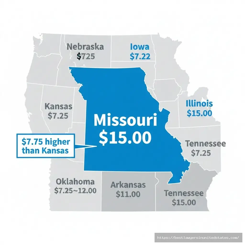 Missouri minimum wage comparison map 2026 showing $15 per hour versus neighboring states