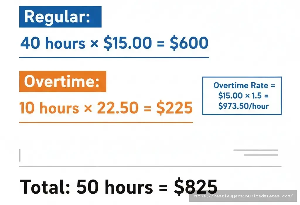 Missouri overtime pay calculator example showing time and half rate of $22.50 per hour for 2026