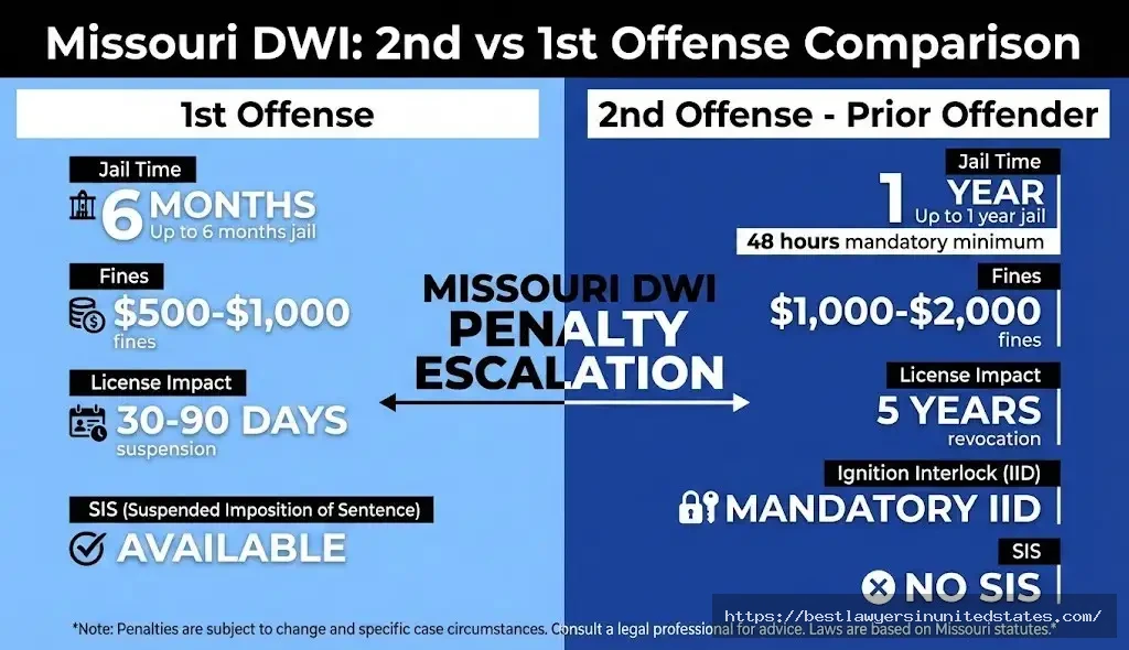 Missouri second offense DWI Prior Offender penalties vs first offense jail, fines, license comparison 2026