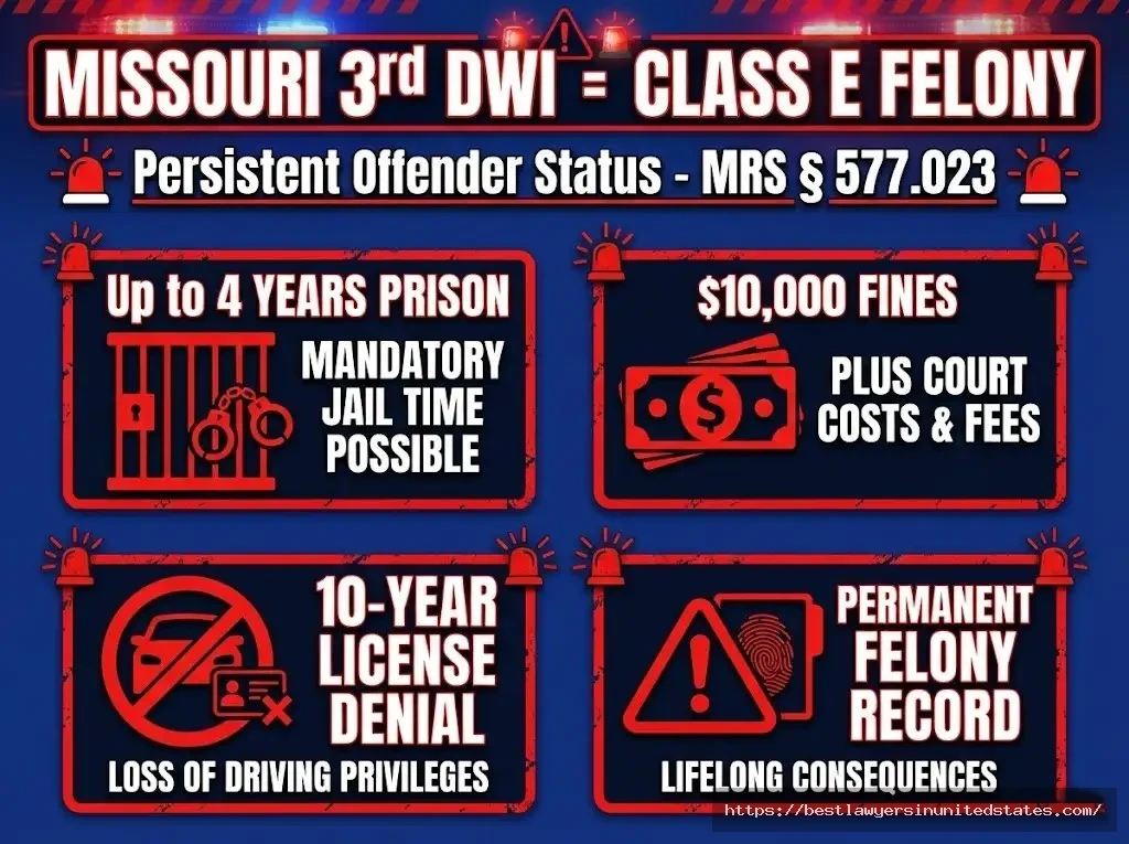 Missouri third offense DWI Class E felony penalties 4 years prison, $10K fines, 10-year denial, permanent record