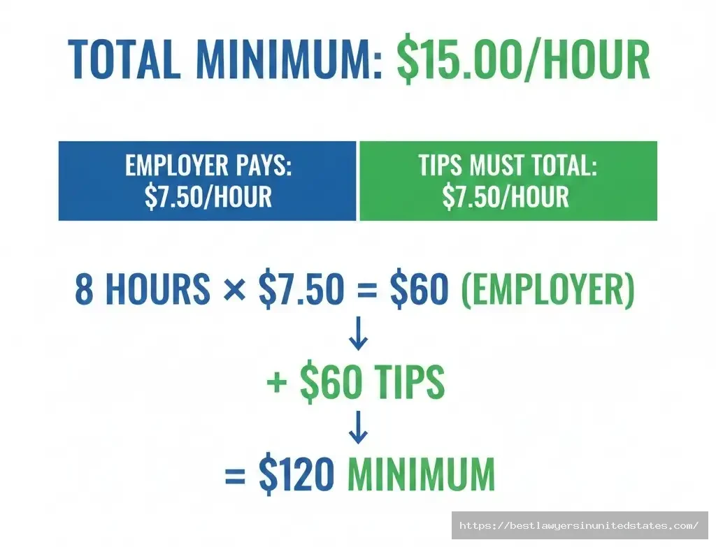 Missouri tipped employee wage 2026 showing $7.50 base wage plus tips must equal $15 per hour