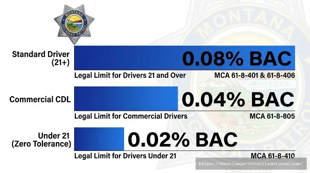 Montana BAC legal limits - 0.08% standard, 0.04% CDL, 0.02% underage drivers per MCA law