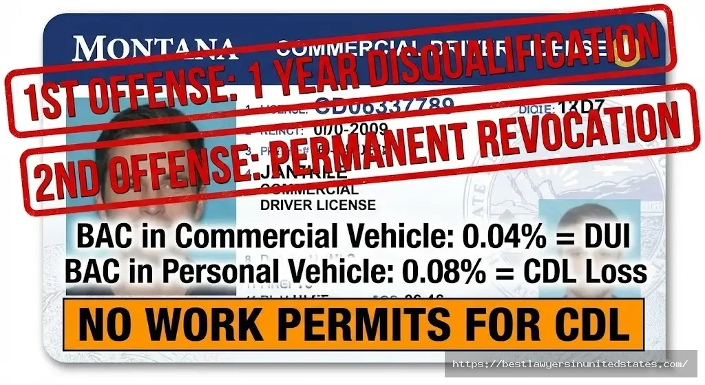 Montana CDL DUI disqualification - 0.04% BAC limit, 1-year suspension, permanent revocation 2nd offense
