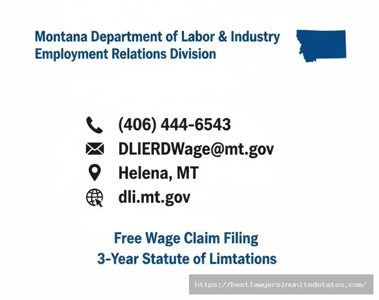 Montana Department of Labor contact information card with phone number 406-444-6543 and email for wage claims
