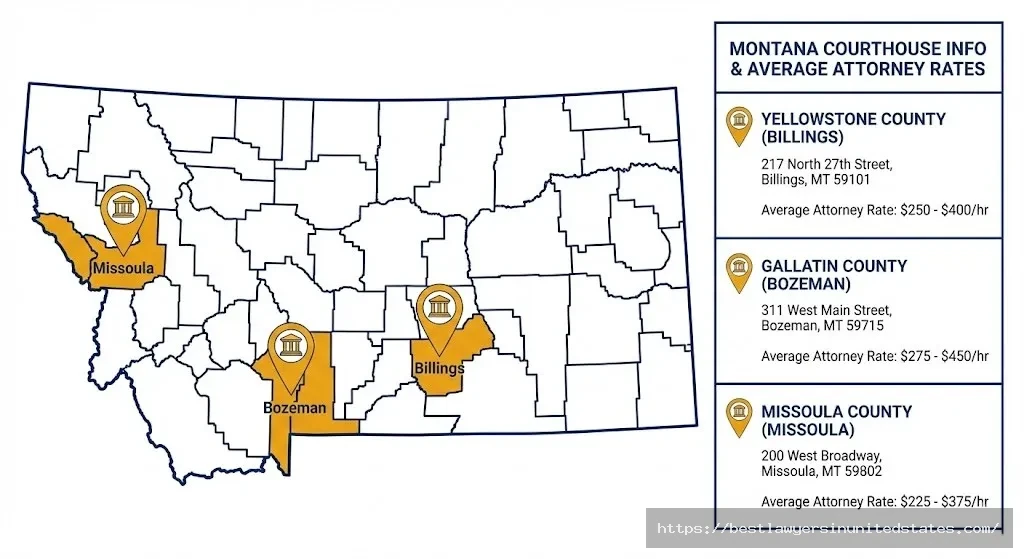 Montana county map showing divorce filing locations in Billings, Bozeman, and Missoula with local attorney rates