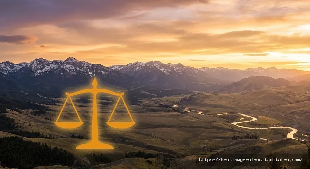 Montana landscape symbolizing new beginnings after divorce with scales of justice representing legal process