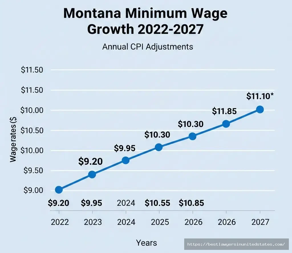 Montana minimum wage history graph showing annual increases from $9.20 in 2022 to projected $11.10 in 2027