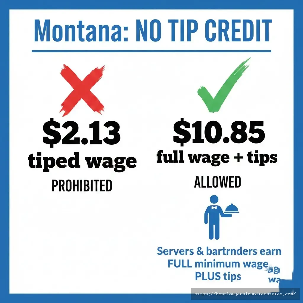 Montana no tip credit policy graphic showing servers earn full $10.85 minimum wage plus tips unlike federal system