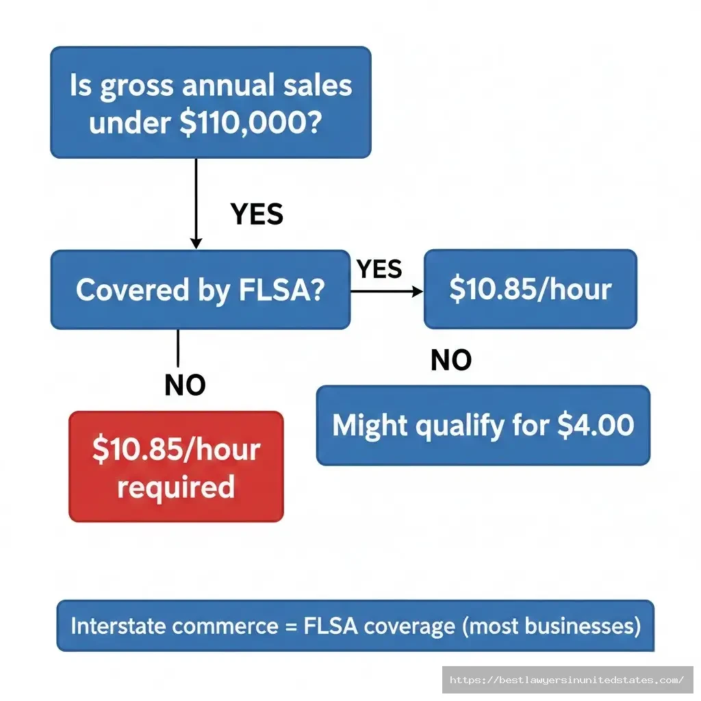 Montana small business minimum wage exception flowchart showing $110,000 threshold and FLSA coverage requirements