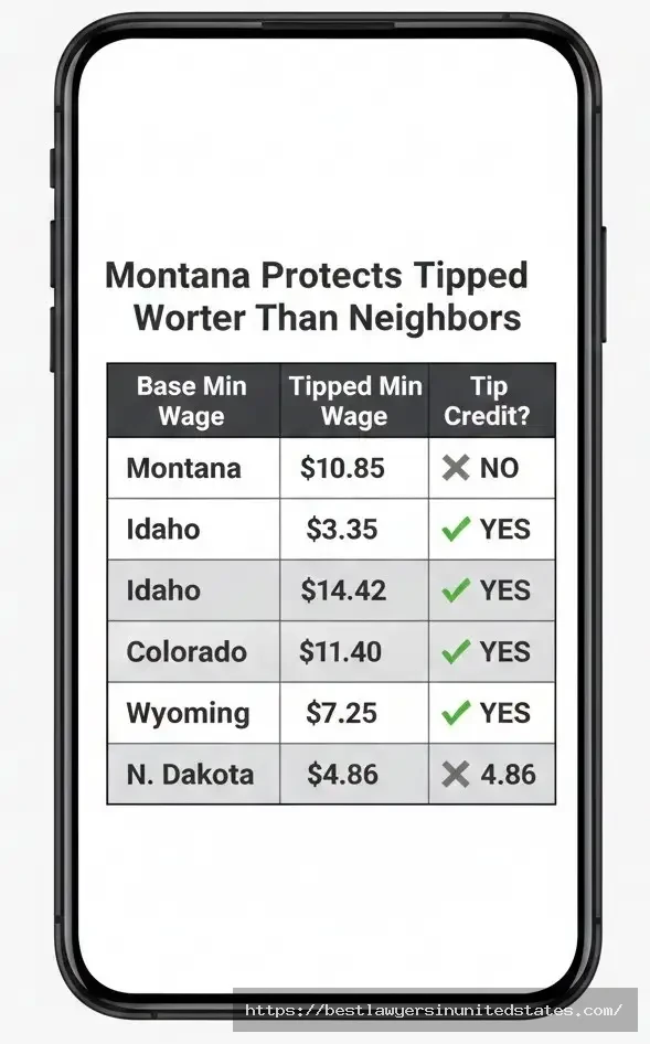 Montana tipped employee wage comparison table showing Montana requires full minimum wage unlike neighboring states