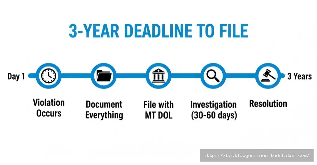 Montana wage claim filing timeline showing 3-year deadline and investigation process steps