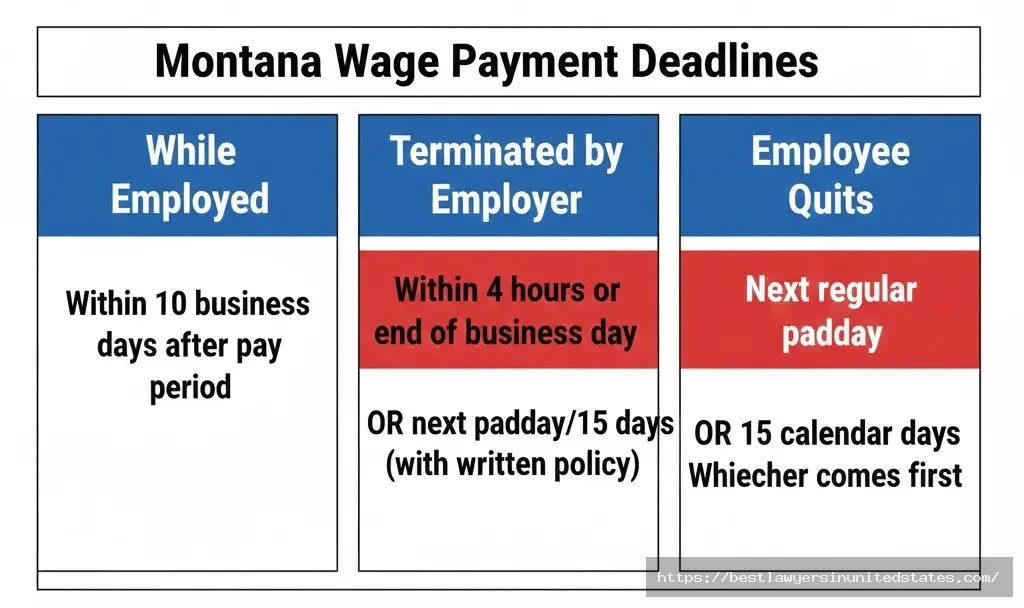 Montana wage payment timing requirements showing deadlines for regular payroll, termination, and voluntary quit
