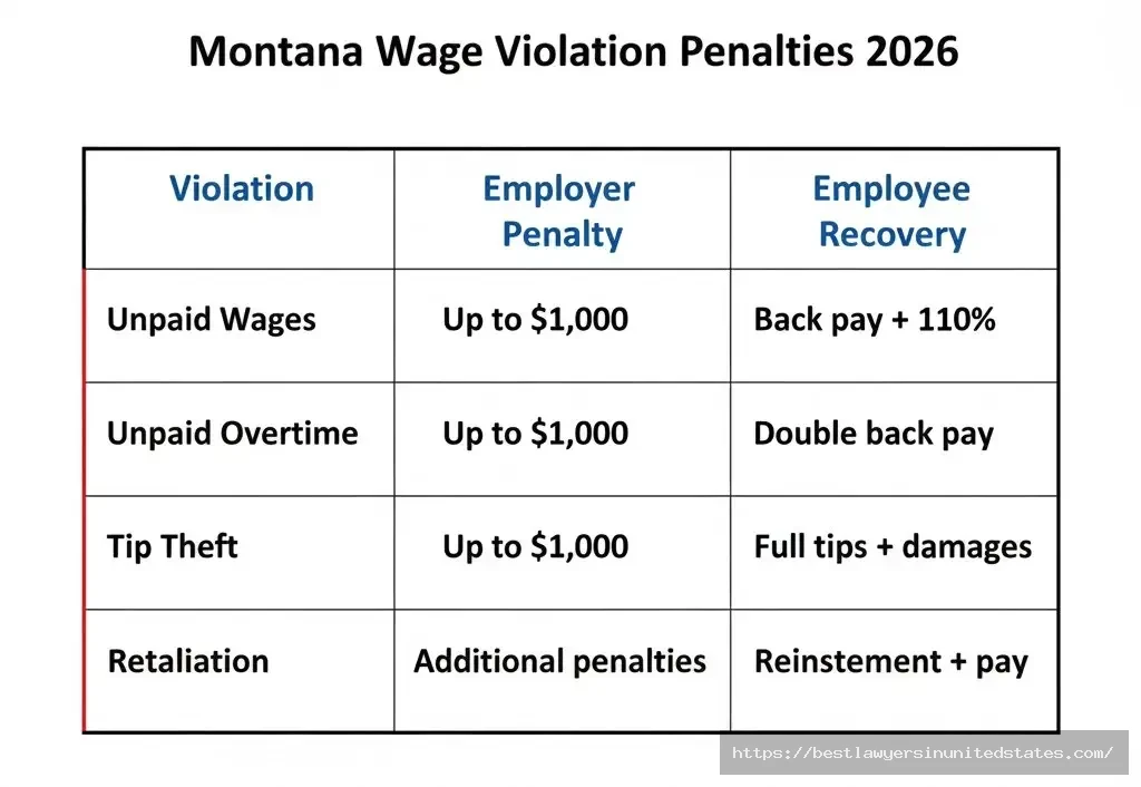 Montana wage violation penalties table showing employer fines and employee recovery amounts for unpaid wages
