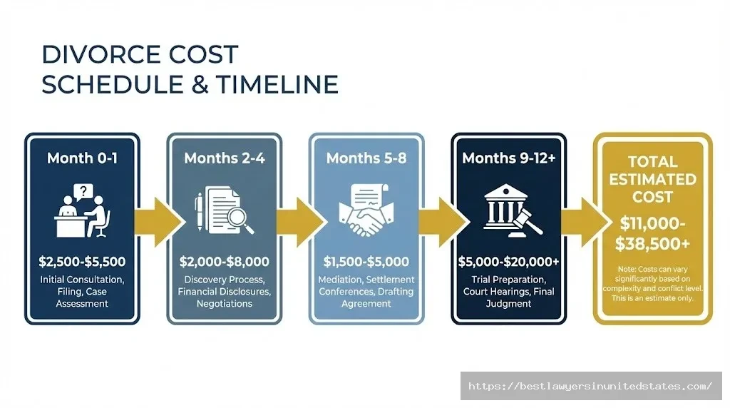 Month-by-month timeline showing when divorce costs occur throughout the Rhode Island divorce process from filing to finalization