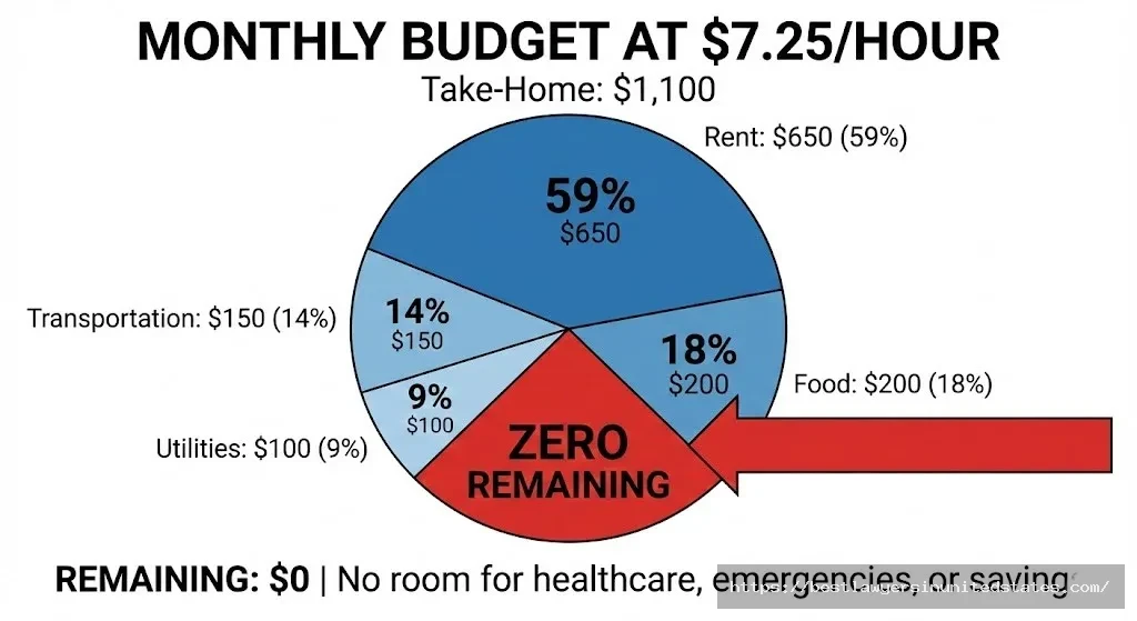 Monthly budget breakdown for Indiana minimum wage worker showing $1,100 take-home with zero remaining after basic expenses