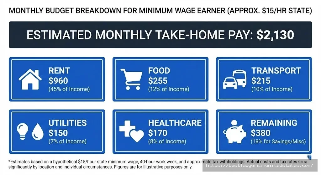 Monthly budget breakdown for Texas minimum wage worker showing rent, food, transportation and other expenses