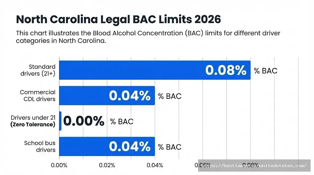 NC BAC limit chart 0.08% standard, 0.04% commercial, 0.00% under 21 - North Carolina DWI law blood alcohol thresholds