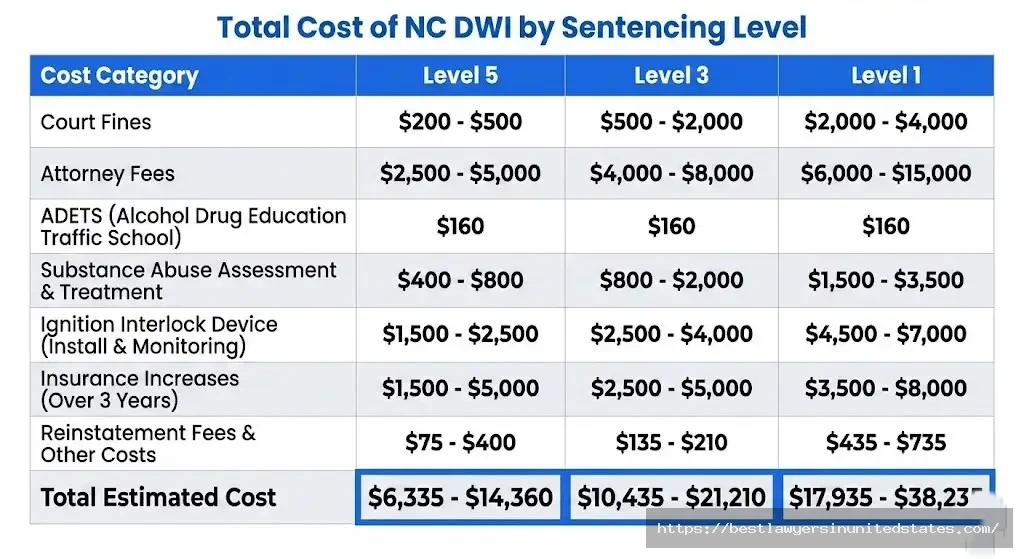 NC DWI cost breakdown showing Level 5 costs $6K-$14K, Level 3 costs $10K-$21K, Level 1 costs $18K-$38K total
