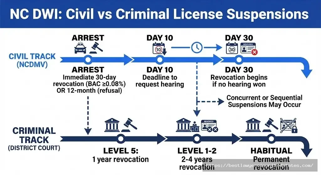NC DWI license suspension timeline showing civil 30-day vs criminal 1-4 year revocations running separately