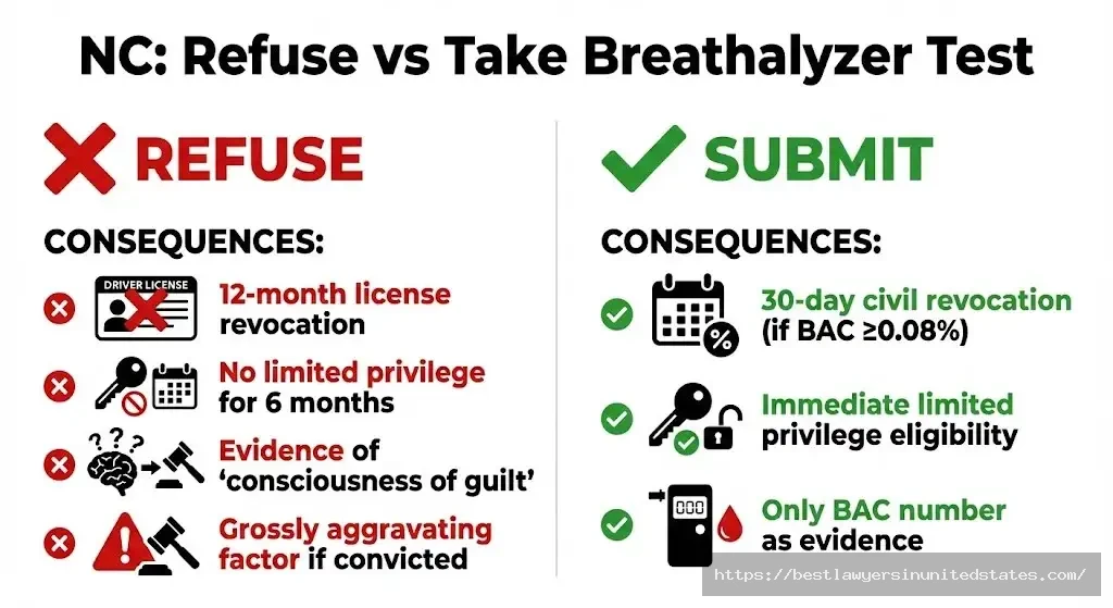NC breathalyzer refusal consequences 12-month suspension vs 30-day for submitting to test comparison chart