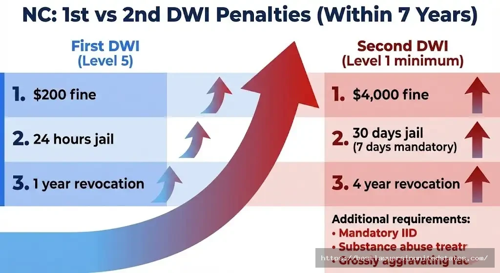 NC second DWI penalties comparison Level 5 first offense vs Level 1 second offense showing penalty escalation within 7 years