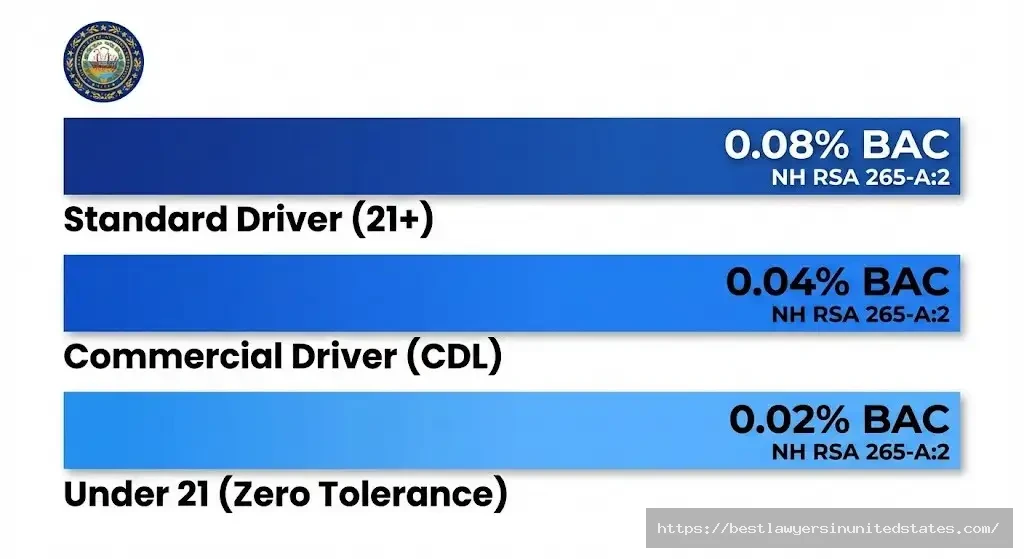 NH BAC limits chart showing 0.08% standard 0.04% CDL 0.02% under 21 zero tolerance law