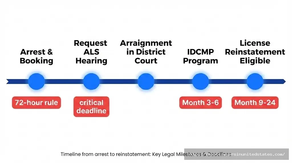 NH DWI arrest process timeline showing 72-hour rule 30-day ALS hearing deadline arraignment IDCMP reinstatement