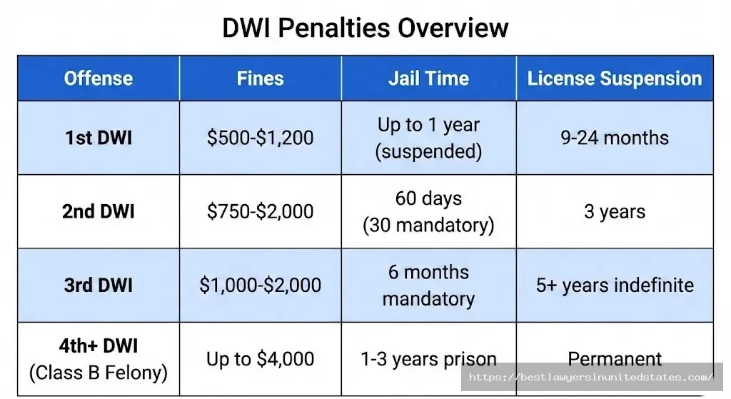 NH DWI penalties table showing fines jail time license suspension for first second third fourth offense
