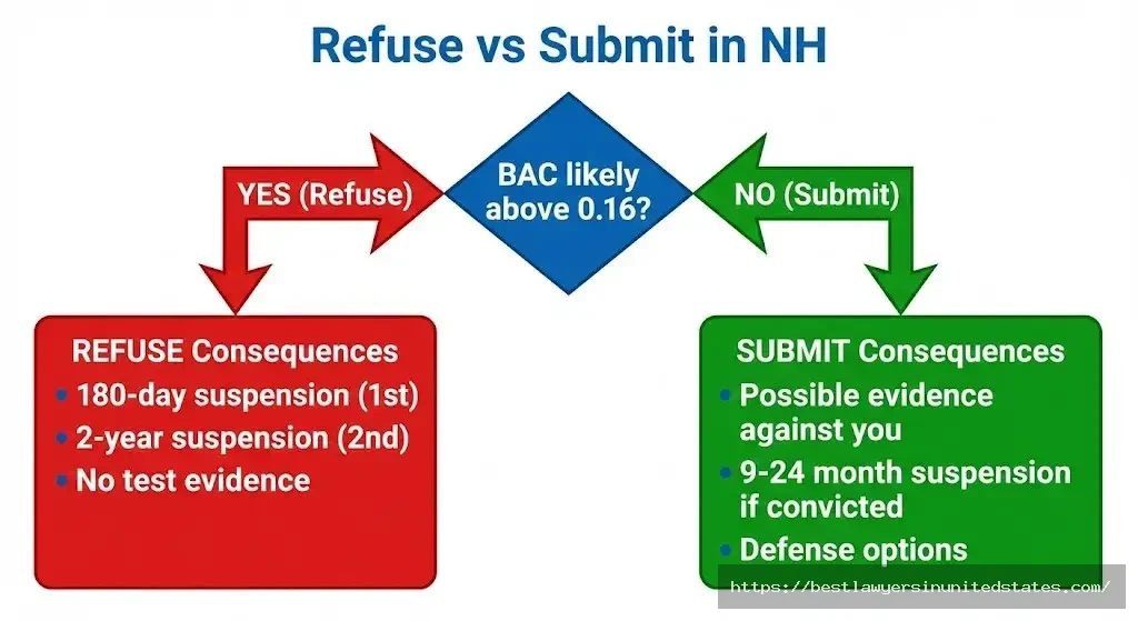 NH breathalyzer refusal decision chart comparing 180-day suspension versus test submission consequences