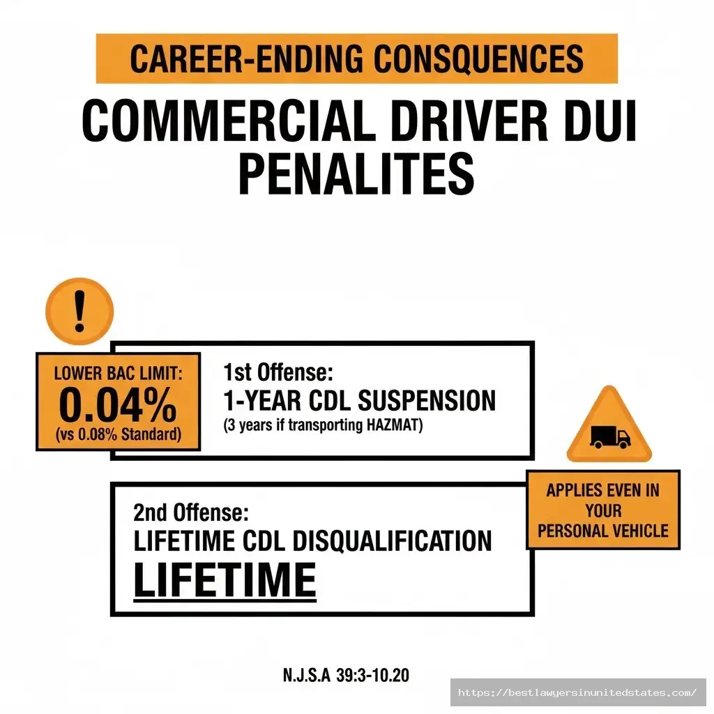 NJ CDL DUI 0.04% BAC limit, 1st offense 1-year suspension, 2nd offense lifetime CDL disqualification, N.J.S.A. 393-10.20 commercial drivers