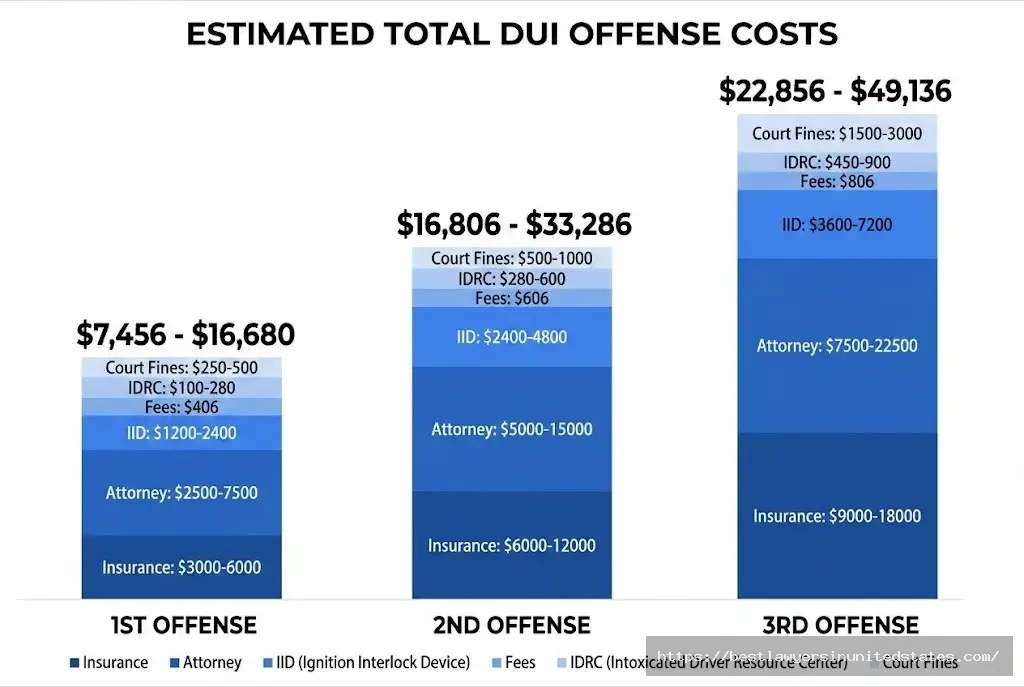 NJ DUI total cost breakdown 1st offense $7,456-$16,680, 2nd $16,806-$33,286, 3rd $22,856-$49,136 including all fees