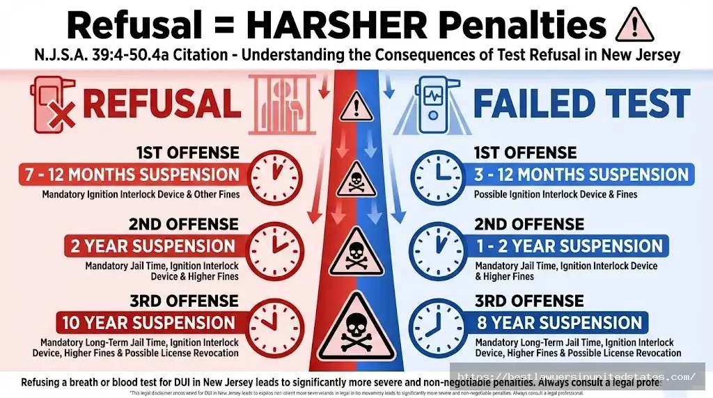 NJ breathalyzer refusal penalties comparison 1st refusal 7-12 months vs failed test 3-12 months, refusal harsher N.J.S.A. 394-50.4a
