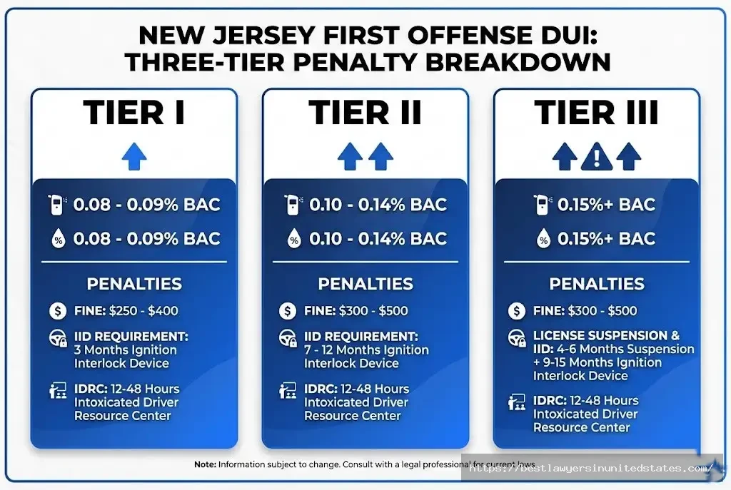 NJ first DUI three-tier penalties Tier I 0.08-0.09% $250-400, Tier II 0.10-0.14% $300-500, Tier III 0.15%+ enhanced IID