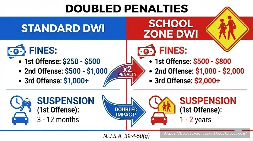 NJ school zone DUI doubles penalties first offense $500-800 vs standard $250-500, 1-2 year vs 3-12 month suspension
