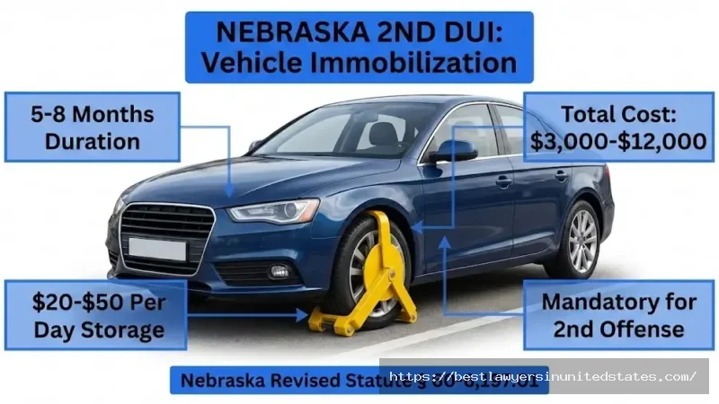 Nebraska 2nd offense DUI vehicle immobilization requirements 5-8 months, $3,000-$12,000 costs, mandatory under state law