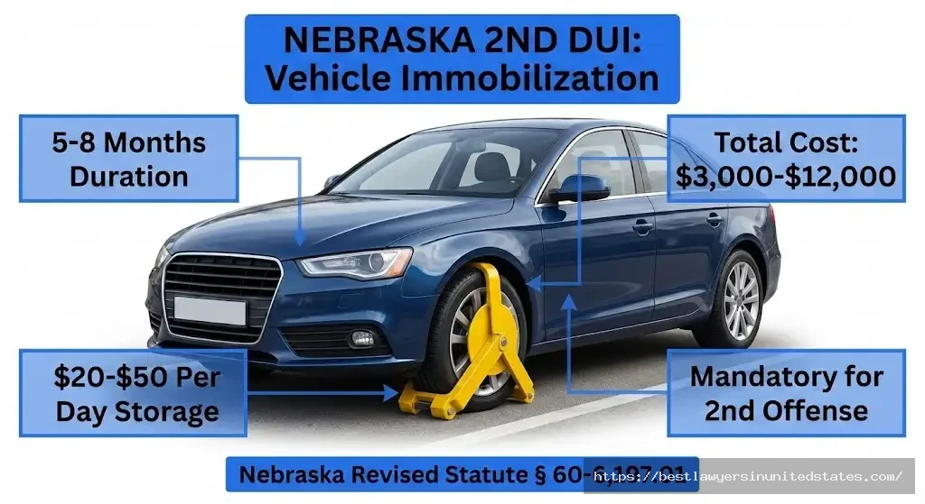 Nebraska 2nd offense DUI vehicle immobilization requirements 5-8 months, $3,000-$12,000 costs, mandatory under state law