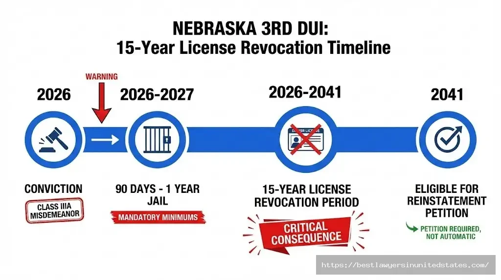 Nebraska 3rd DUI offense timeline showing 15-year license revocation from 2026-2041, jail time, and reinstatement process