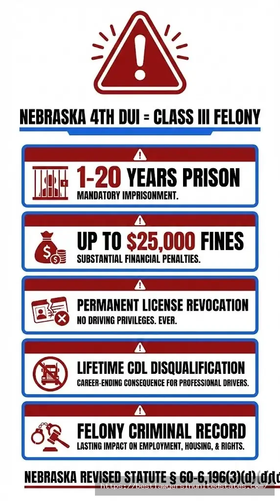 Nebraska 4th offense DUI felony penalties 1-20 years prison, $25,000 fines, permanent license revocation, Class III felony