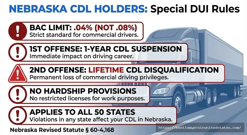 Nebraska CDL DUI consequences .04% BAC limit, 1-year suspension first offense, lifetime disqualification second offense