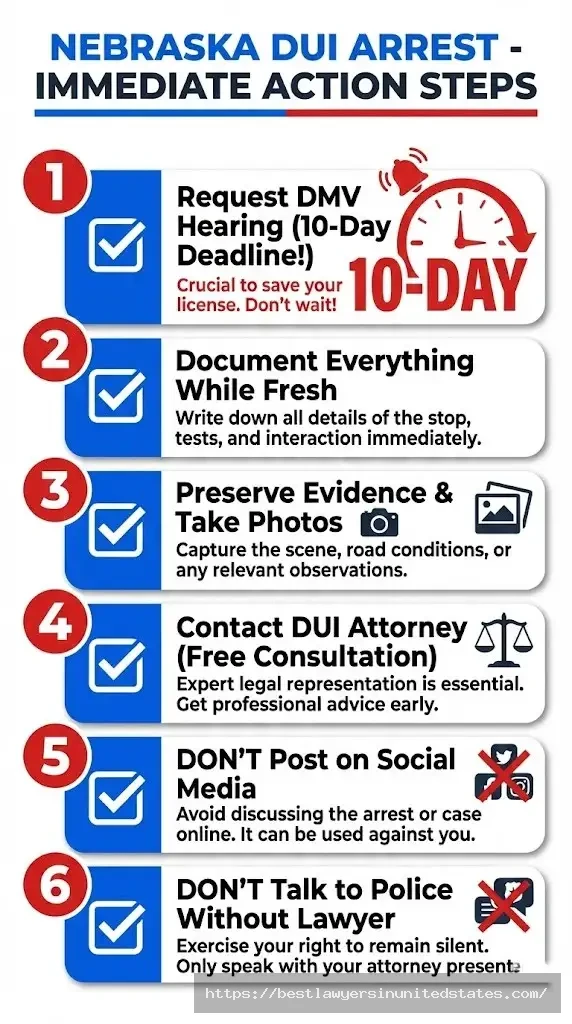 Nebraska DUI arrest action checklist request hearing within 10 days, document evidence, contact attorney, preserve rights