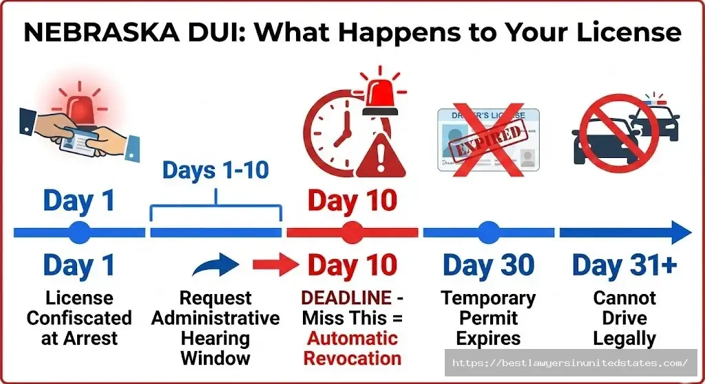 Nebraska DUI license suspension timeline immediate confiscation, 10-day hearing deadline, 30-day temporary permit expiration