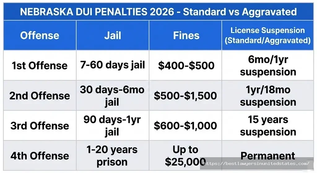 Nebraska DUI penalty comparison chart 2026 showing jail time, fines, and license suspension for 1st through 4th offense