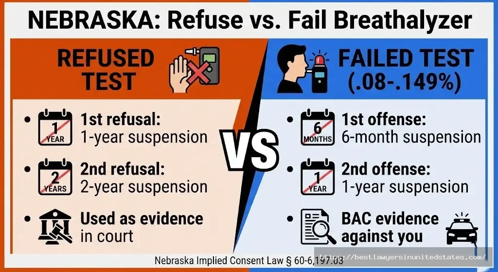 Nebraska breathalyzer refusal penalties vs failed test comparison 1-2 year suspension for refusal, 6-12 months for failing