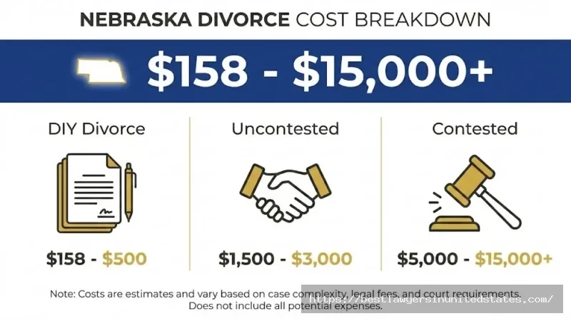 Nebraska divorce cost breakdown infographic showing DIY, uncontested, and contested divorce price ranges from $158 to $15,000 plus
